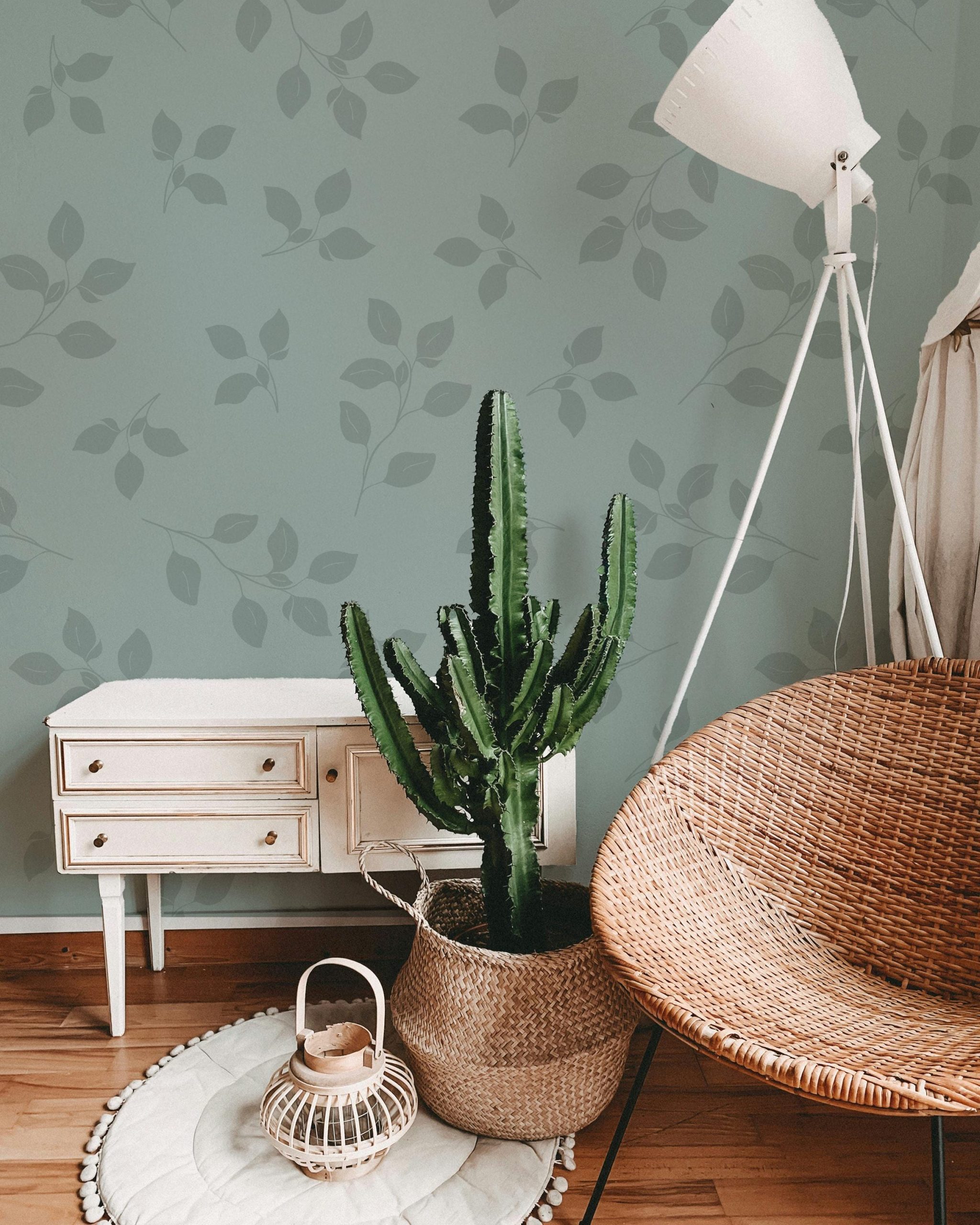 Sage Green Leaves Wallpaper, Large Scale Pattern, Pressed Leaf Garden, Accent Wall for Entry, Bedroom, Kitchen, Bathroom