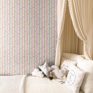Pink Vintage Floral Stripe Wallpaper, Peel and Stick Removable, Coquette Grandmillennial Chic, Flower Elegant Classic Pink and Yellow Floral