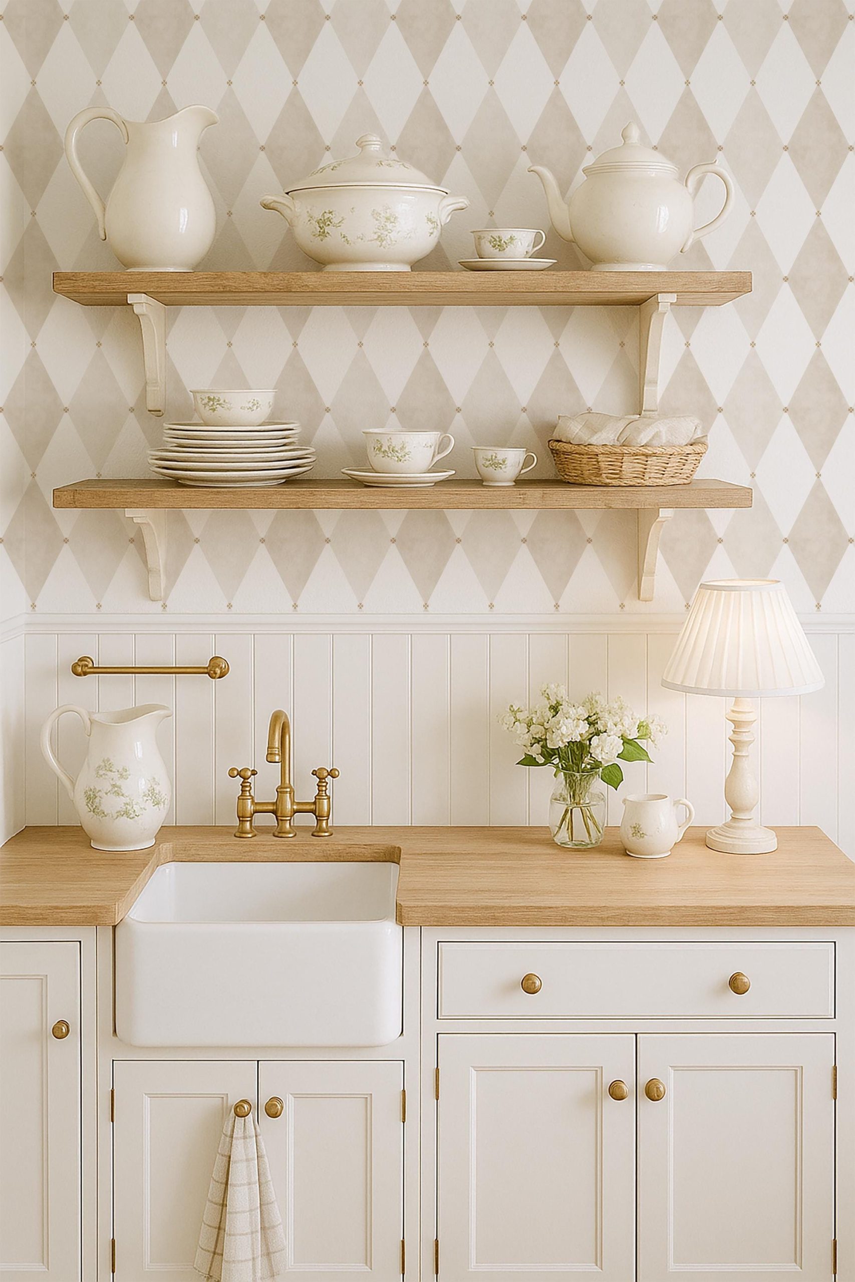 Beige Diamond Pattern Peel and Stick Wallpaper Neutral Argyle Geometric Removable Wall Covering for Bathroom Kitchen Office Decor - Image 5
