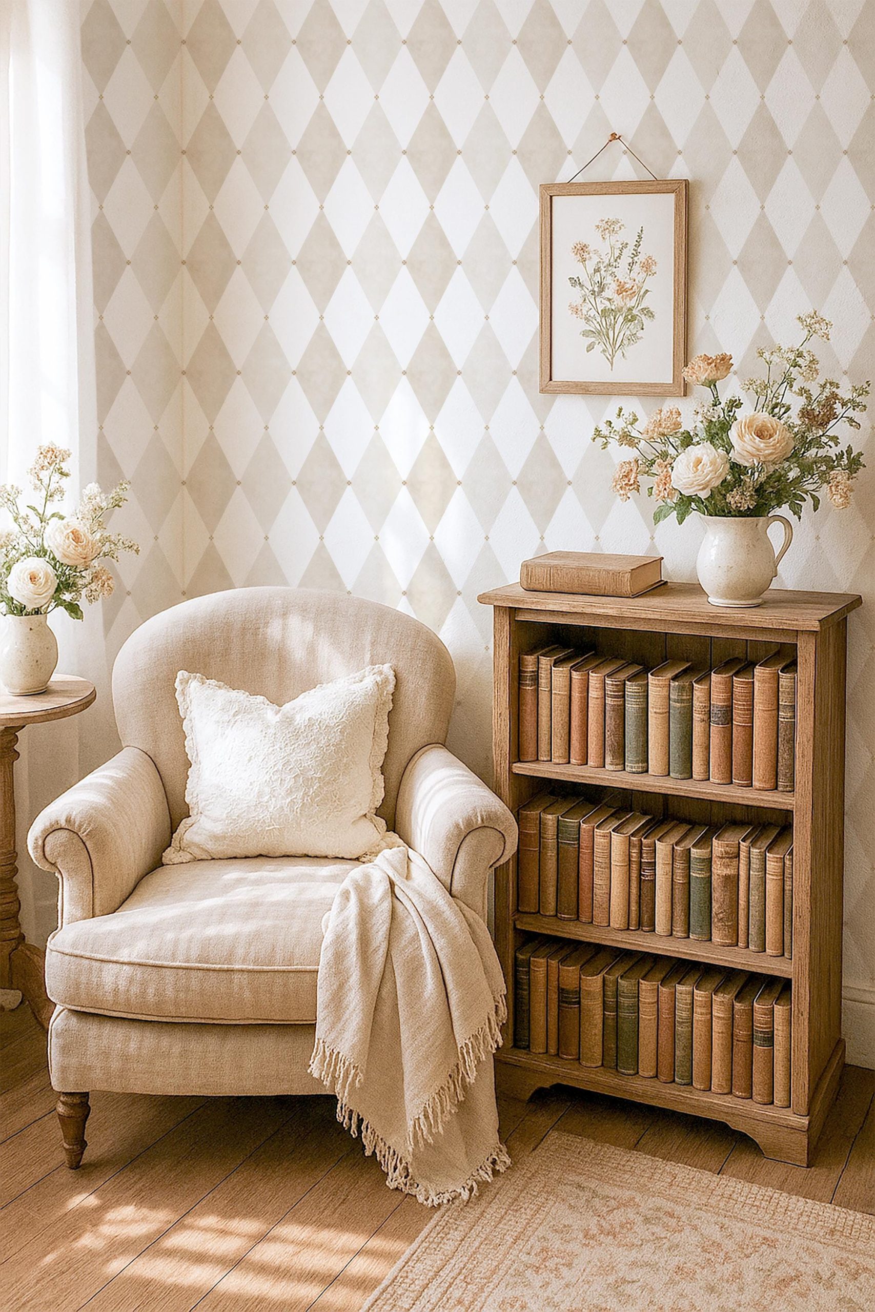 Beige Diamond Pattern Peel and Stick Wallpaper Neutral Argyle Geometric Removable Wall Covering for Bathroom Kitchen Office Decor - Image 7