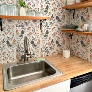 Chicken Floral Wallpaper, Large Scale Peel Stick Removable, Unpasted Traditional Option, Country Farmhouse Backyard Chickens Art