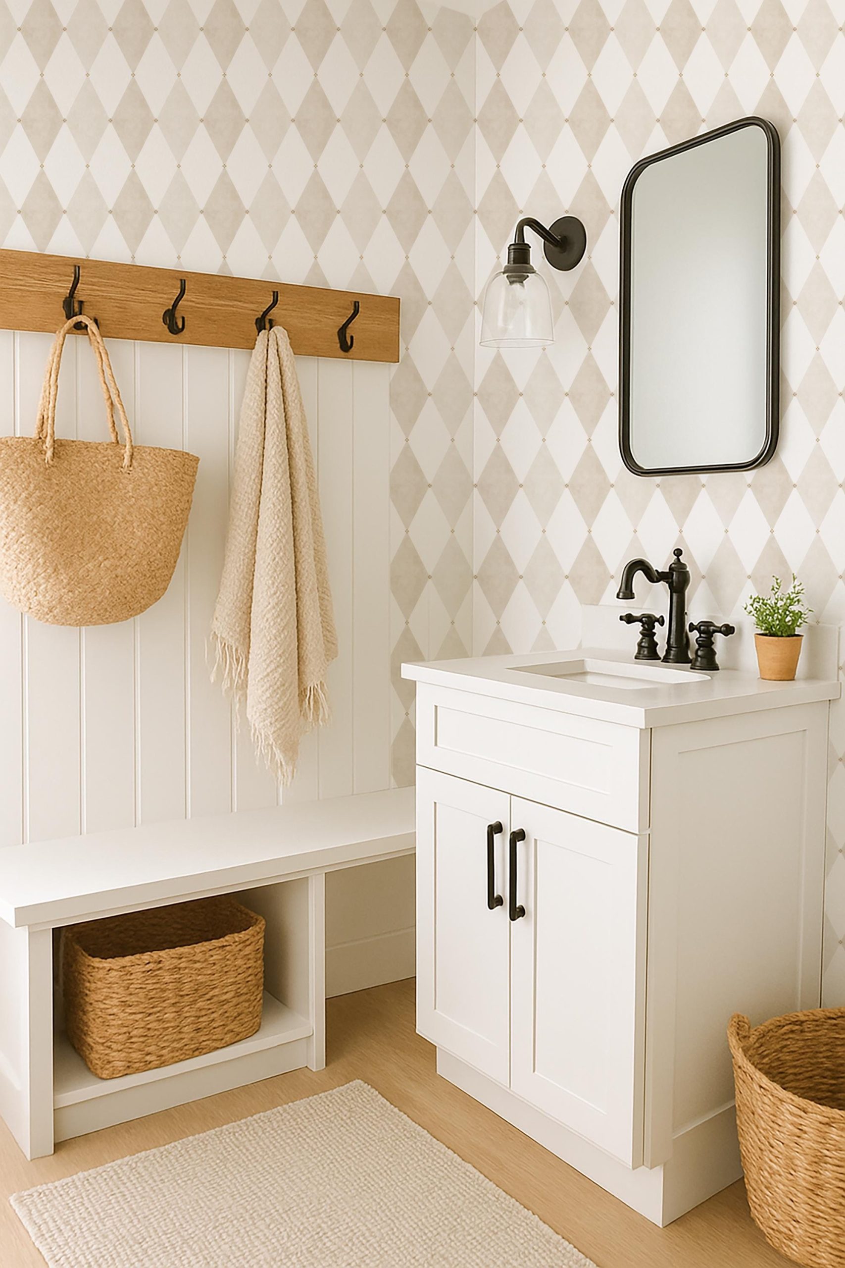 Beige Diamond Pattern Peel and Stick Wallpaper Neutral Argyle Geometric Removable Wall Covering for Bathroom Kitchen Office Decor - Image 8