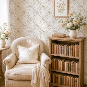 Vintage Beige Floral Peel and Stick Wallpaper Neutral Cottage Flower Damask Removable Wall Covering for Nursery Bedroom Home Decor