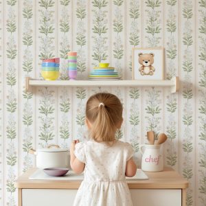 Vintage Botanical Stripe Wallpaper Peel and Stick Green Floral Stripe Pattern Removable Wall Covering Cottage Nursery Farmhouse Decor