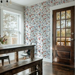 Patriotic Red Blue Floral Wallpaper, Dainty Vintage Vine Flowers, Peel and Stick Removable, Traditional, Prepasted, Classic Amercian Colors