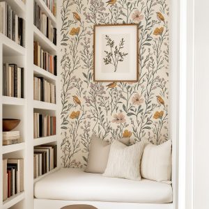 Wildflower Garden and Birds Wallpaper Peel and Stick, Botanical Mural for Nursery Bedroom, Cottagecore Wall Decor Boho Girl Botanical Floral