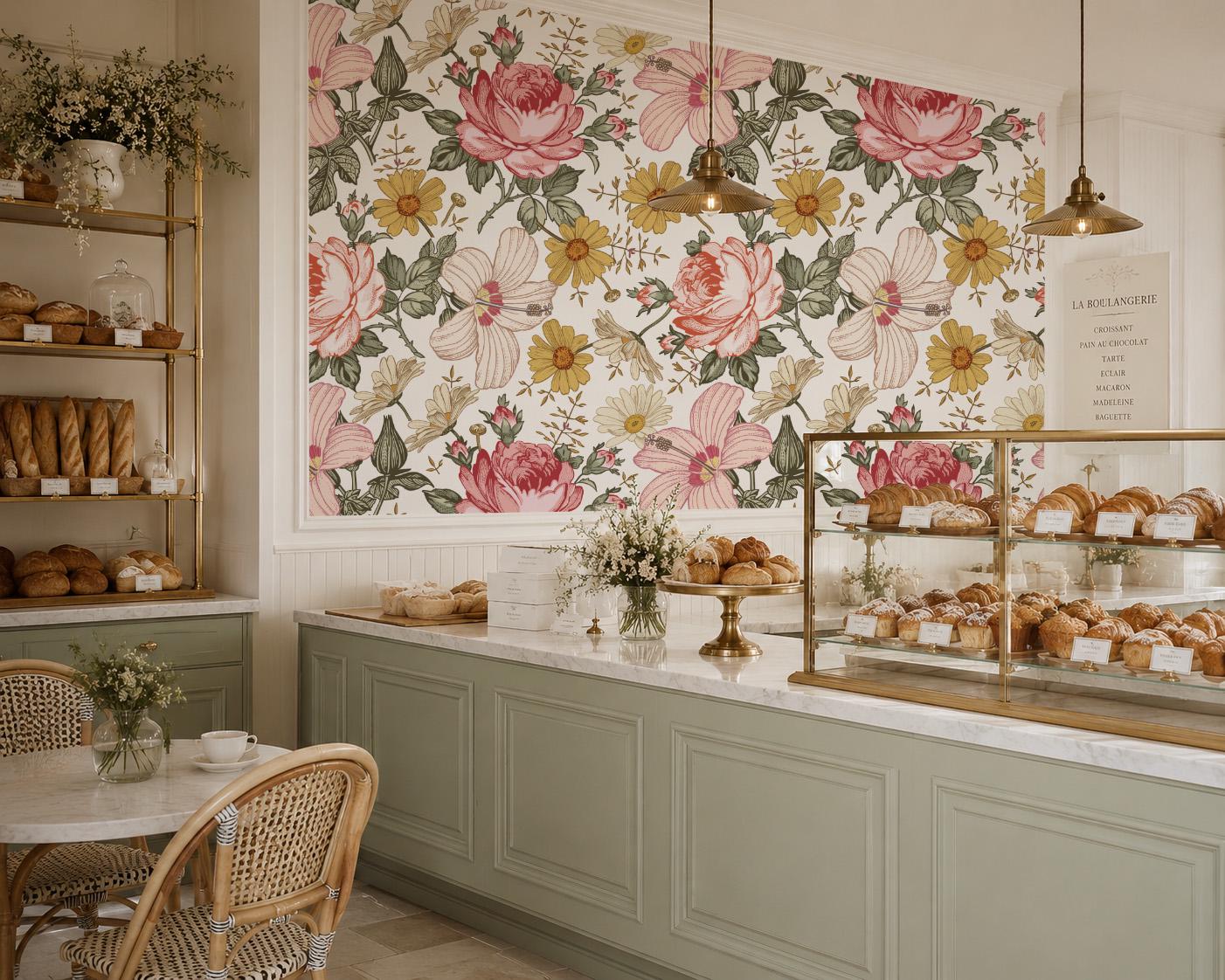 Vintage Floral Wallpaper, Retro Roses Hibiscus, Boho Style, Peel and Stick