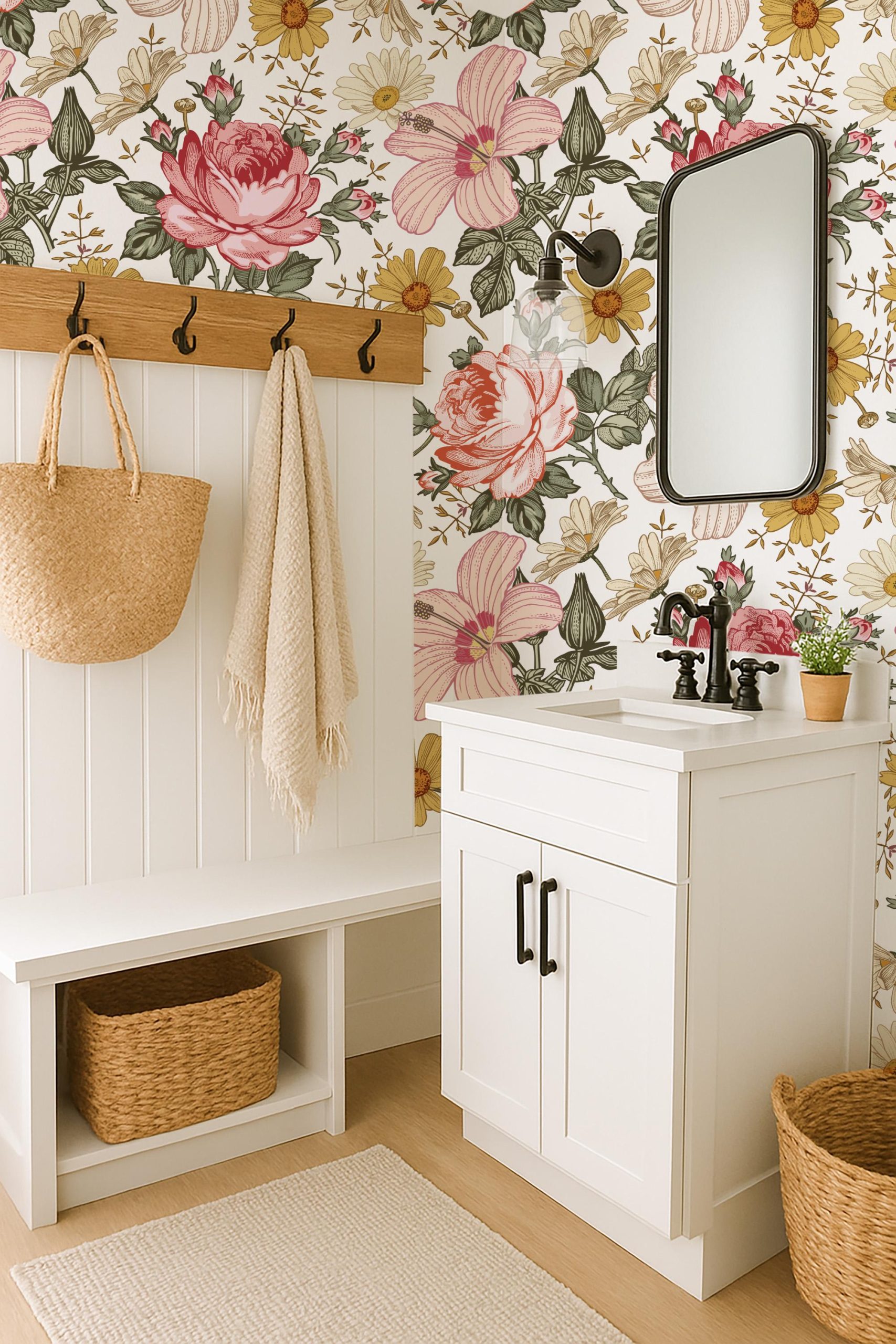 Vintage Floral Wallpaper, Retro Roses Hibiscus, Boho Style, Peel and Stick - Image 3