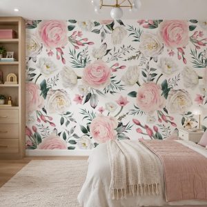 Pink Rose Floral Mural, Removable Baby Girl Nursery Wall Decor