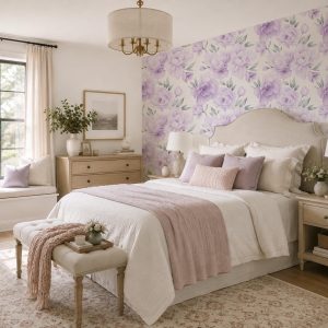 Purple Peonies Floral Wallpaper, Large Scale Lavender Nursery Mural
