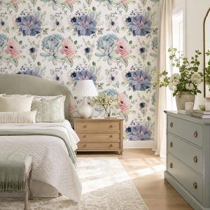 Watercolor Succulent Floral Wallpaper, Pink Purple Green, Removable Peel Stick