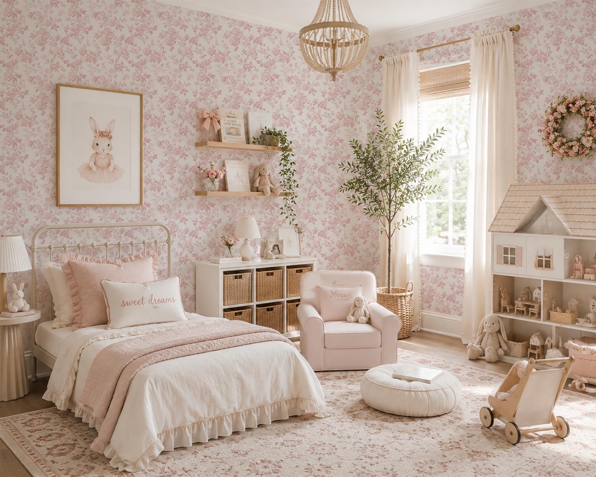 Mauve Pink Toile Wallpaper, Dainty Floral Baroque Vines, Peel and Stick Removable - Image 10