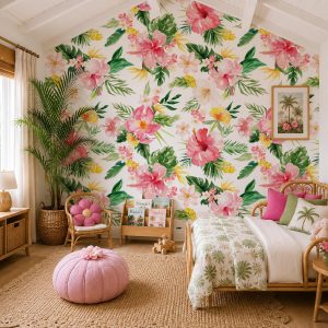 Tropical Hibiscus Floral Wallpaper, Removable Peel and Stick, Baby Nursery Mural