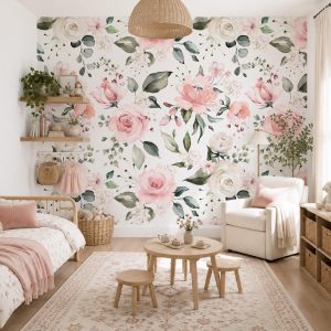 Pink Floral Rose Mural, Peach Watercolor Peel and Stick Wallpaper