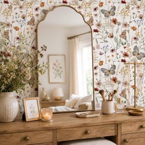 Garden Butterfly Wallpaper, Vintage Floral Cottagecore Removable Mural