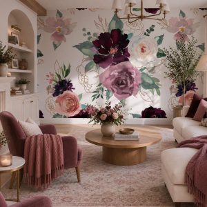 Dark Floral Wallpaper Mural, Romantic Burgundy Mauve Peel and Stick Wall Art