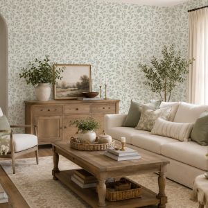 Sage Green Floral Wallpaper, Romantic Peony Vine, Shabby Chic Nursery
