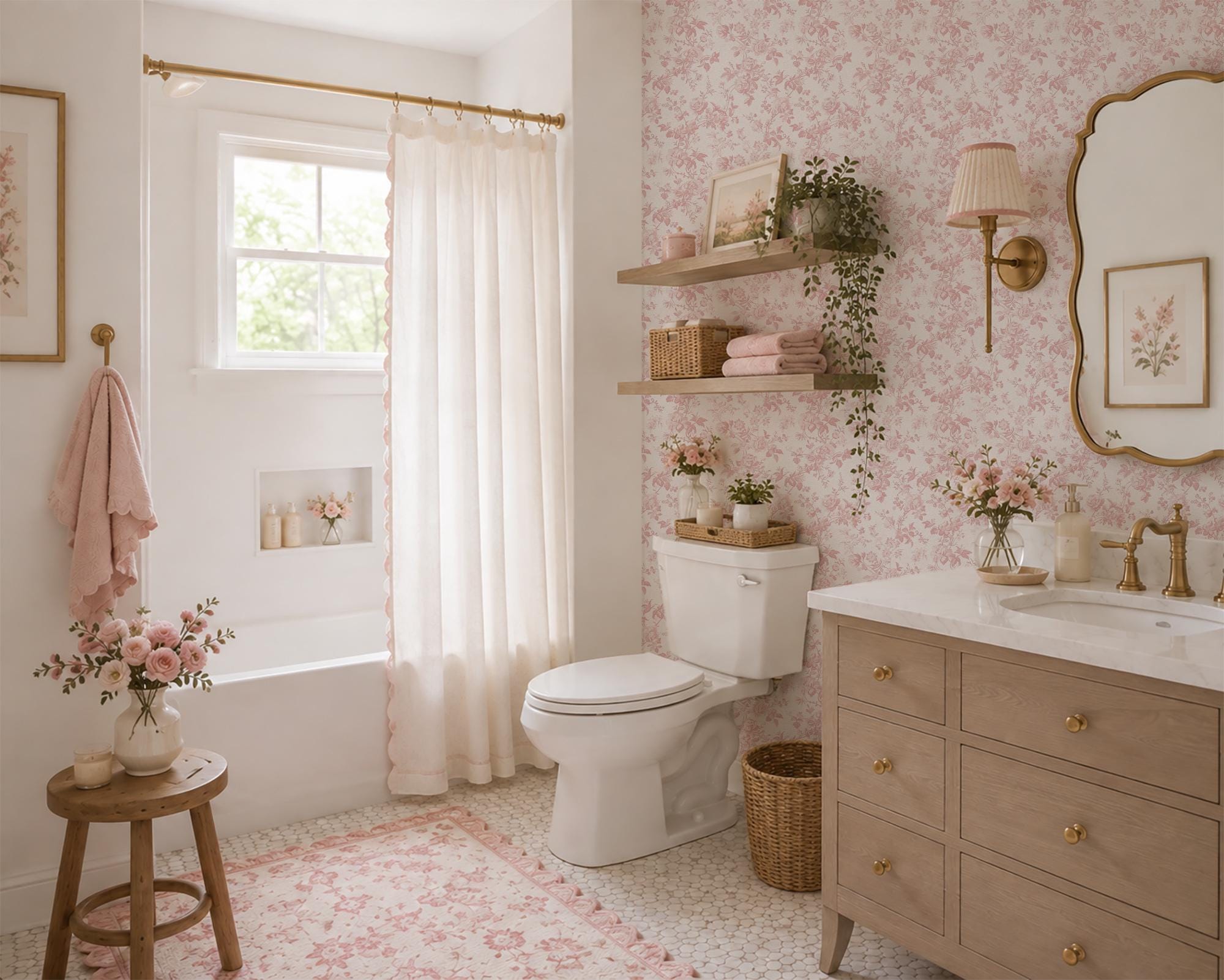 Mauve Pink Toile Wallpaper, Dainty Floral Baroque Vines, Peel and Stick Removable - Image 2