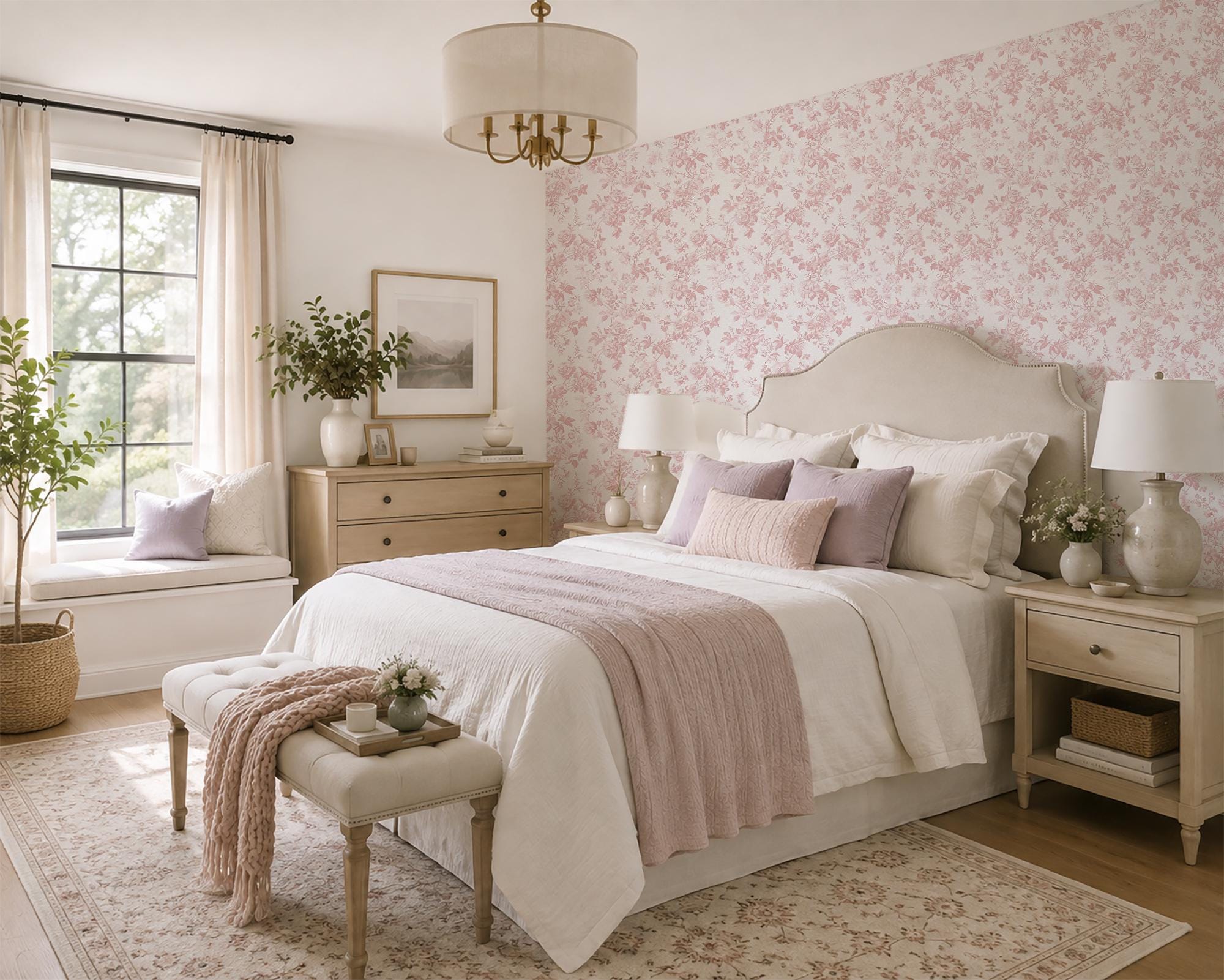 Mauve Pink Toile Wallpaper, Dainty Floral Baroque Vines, Peel and Stick Removable - Image 3