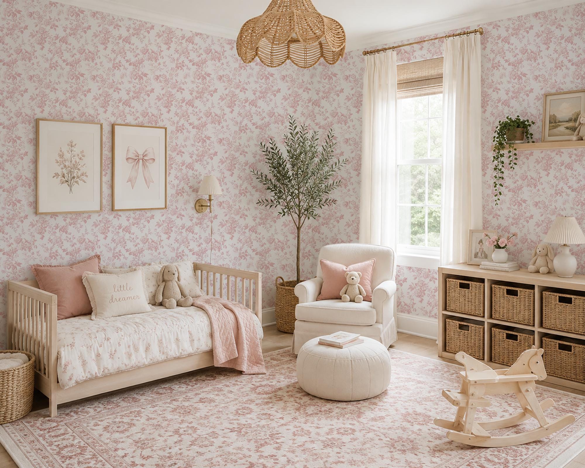 Mauve Pink Toile Wallpaper, Dainty Floral Baroque Vines, Peel and Stick Removable - Image 7
