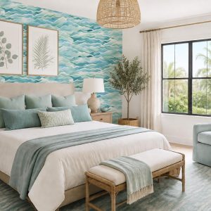 Abstract Ocean Waves Wallpaper, Coastal Beach House Wall Mural