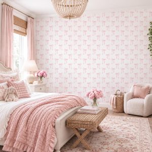 Polka Dot Bows Wallpaper, Feminine Coquette Nursery Wall Mural (Peel and Stick)