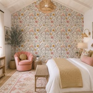 Pink Wildflower Garden Boho Floral Wallpaper, Peel and Stick, Botanical Nursery Decor