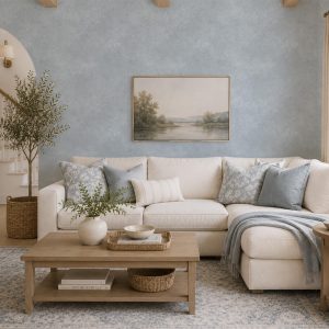 Dusty Blue Stonewash Wallpaper, Textured Plaster Mural, Limewash Effect