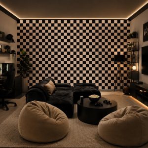 Black Tan Checkered Peel and Stick Wallpaper, Modern Retro Mural