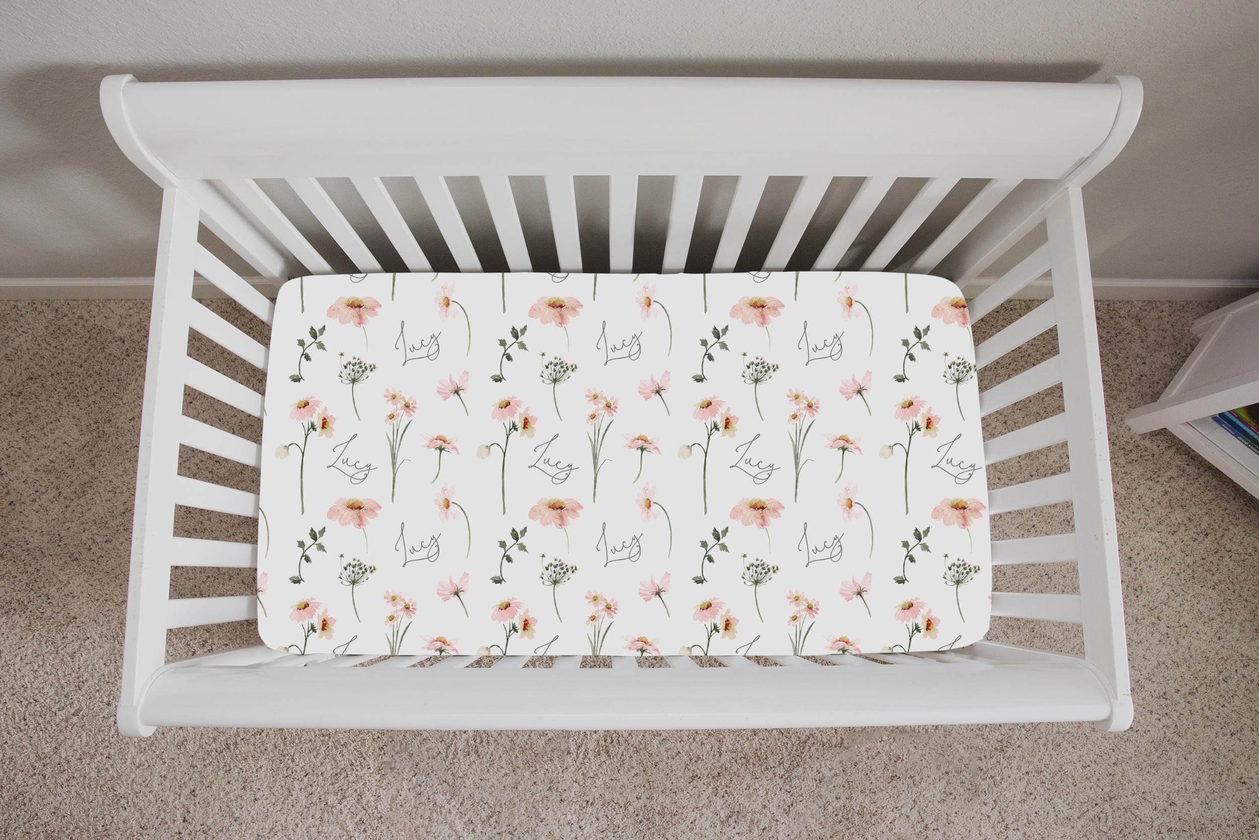 Personalized Pink Daisy Baby Bedding / Crib Sheet / Garden Floral Nursery / Changing Pad Cover / Mini Crib Sheet Option / Name Custom Daisy - Image 2