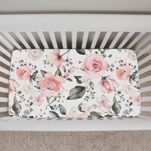 Pink Floral Baby Girl Crib Sheet / Rose Nursery / Pink Rose  / Changing Pad Cover / Mini Crib Sheet Option / Baby Shower Rosie || Collection