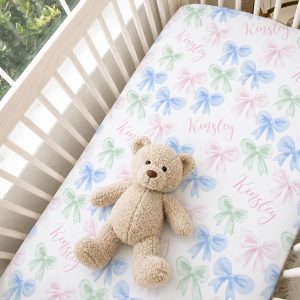 Pastel Bows Personalized Crib Sheet, Soft Feminine Girly, Pink Blue and Green Watercolor Bows, Grandmillenial Chic, Girl Nursery