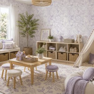 Lavender Butterfly Floral Wallpaper, Vintage Toile, Pressed Garden Wallpaper