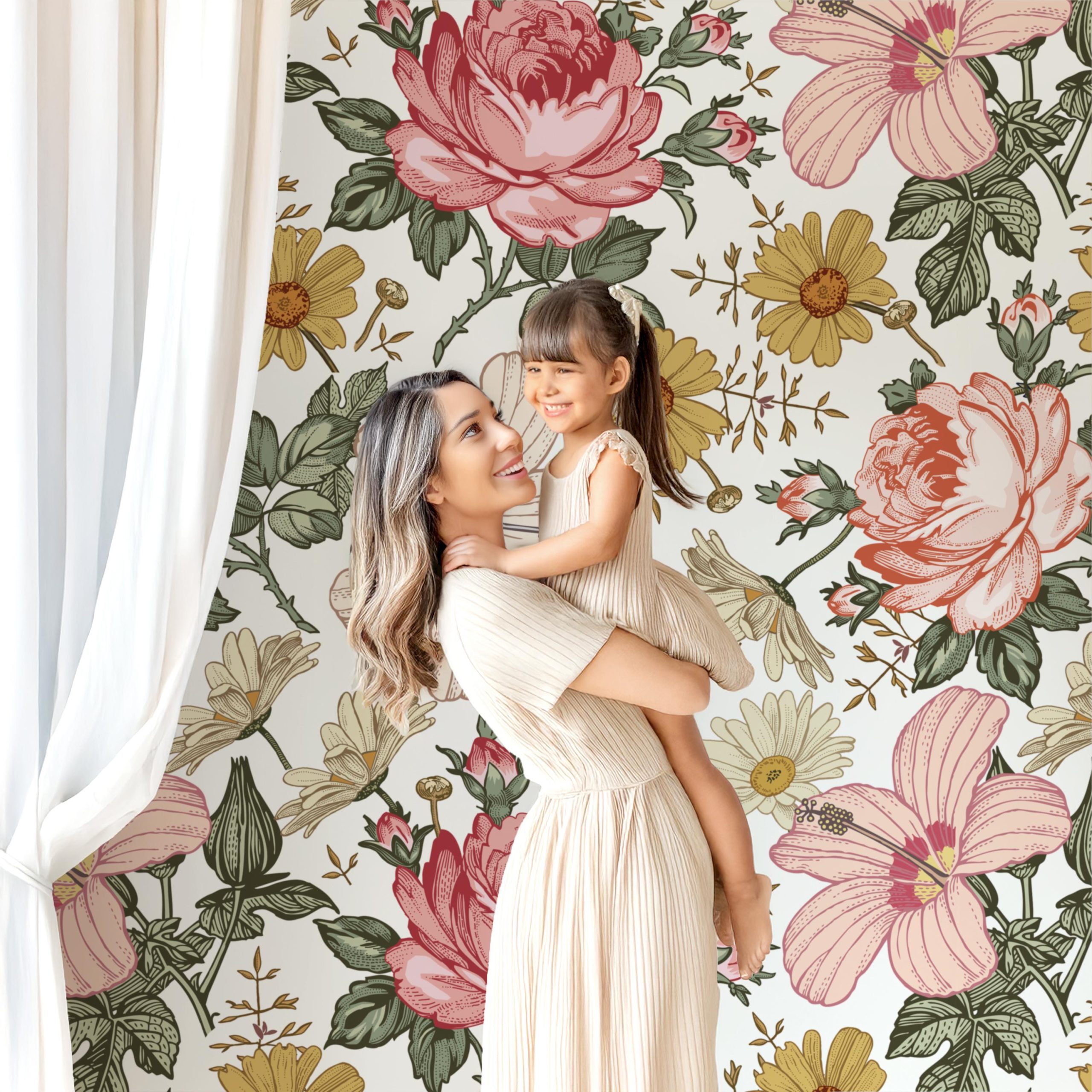 Vintage Floral Wallpaper, Retro Roses Hibiscus, Boho Style, Peel and Stick - Image 9