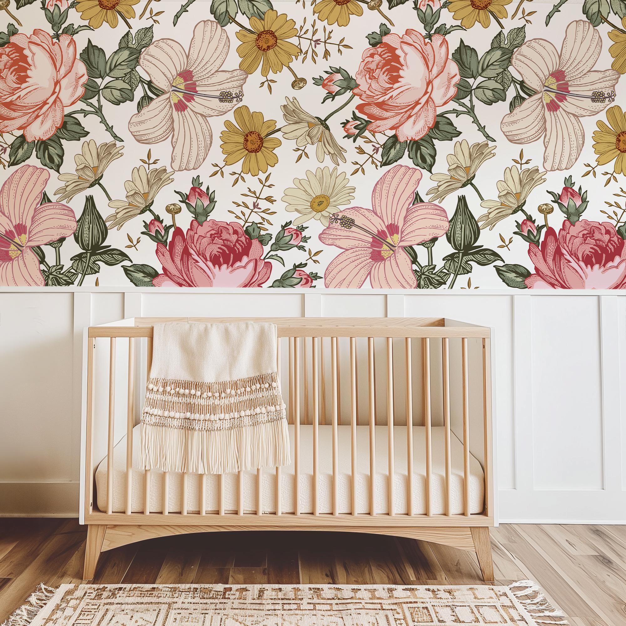 Vintage Floral Wallpaper, Retro Roses Hibiscus, Boho Style, Peel and Stick - Image 11
