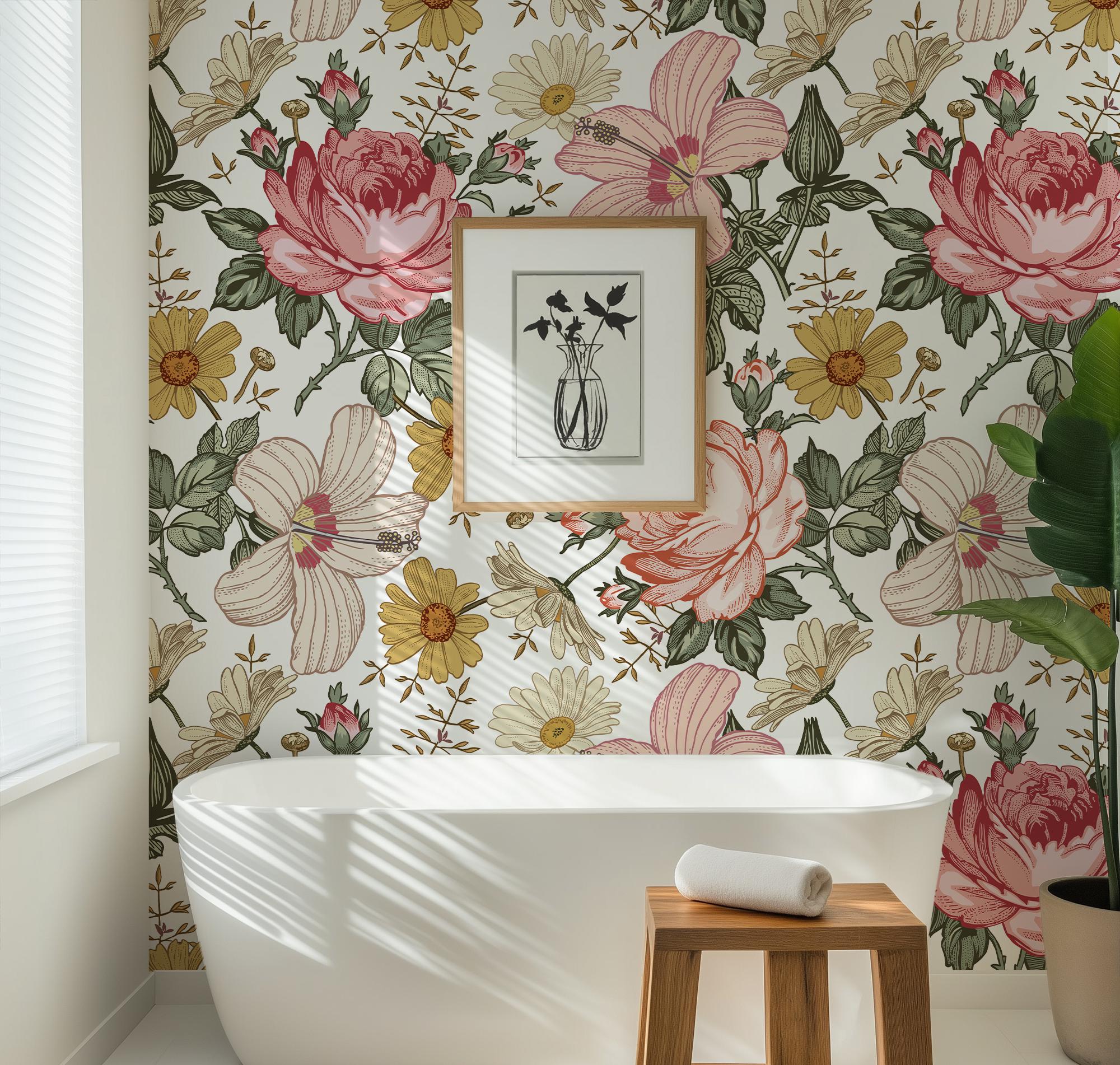 Vintage Floral Wallpaper, Retro Roses Hibiscus, Boho Style, Peel and Stick - Image 12