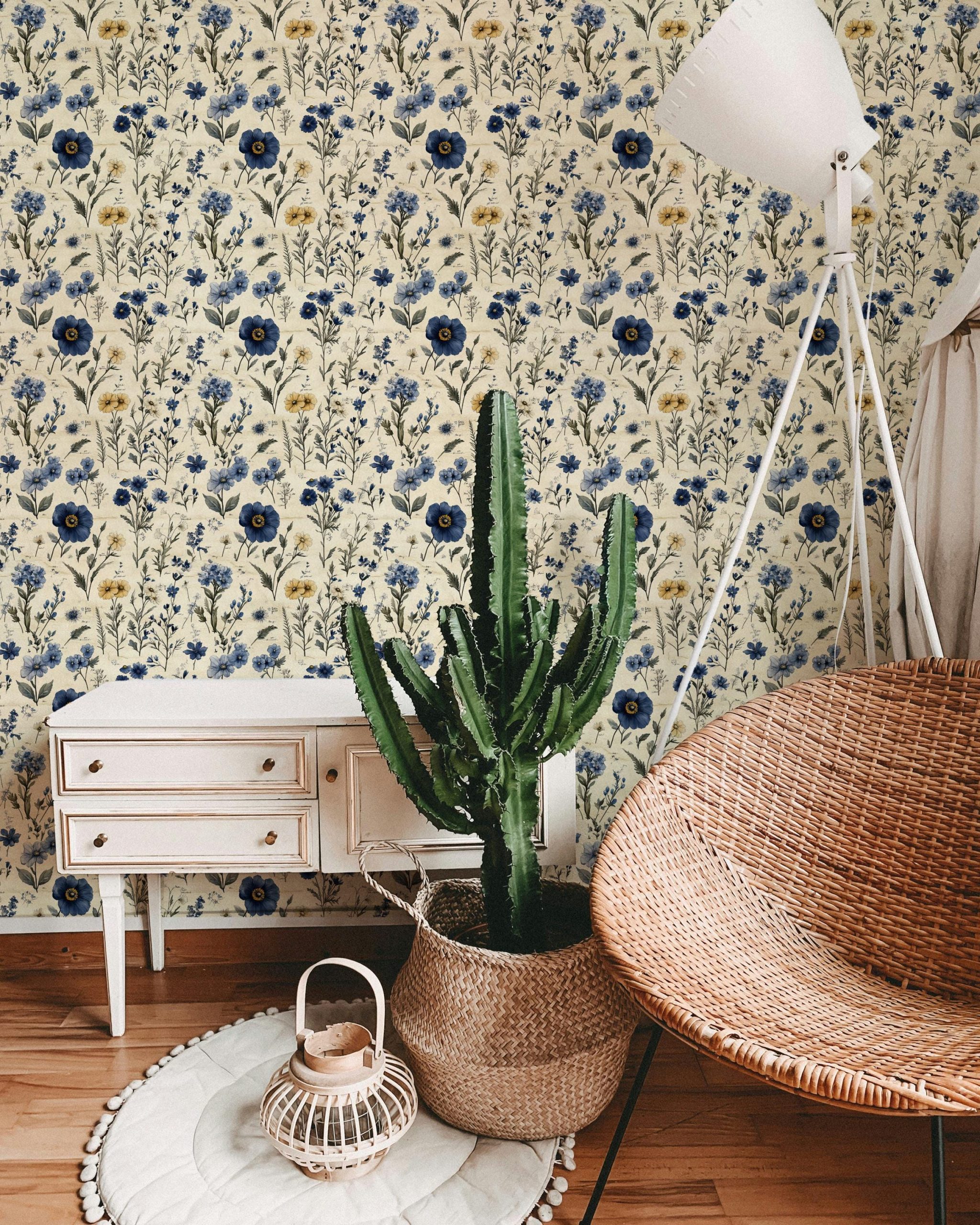 Bold Navy Blue and Yellow Floral Wallpaper, Vintage Botanical Design, Romantic Garden Floral Wallpaper, Peel and Stick or Traditional - Image 2