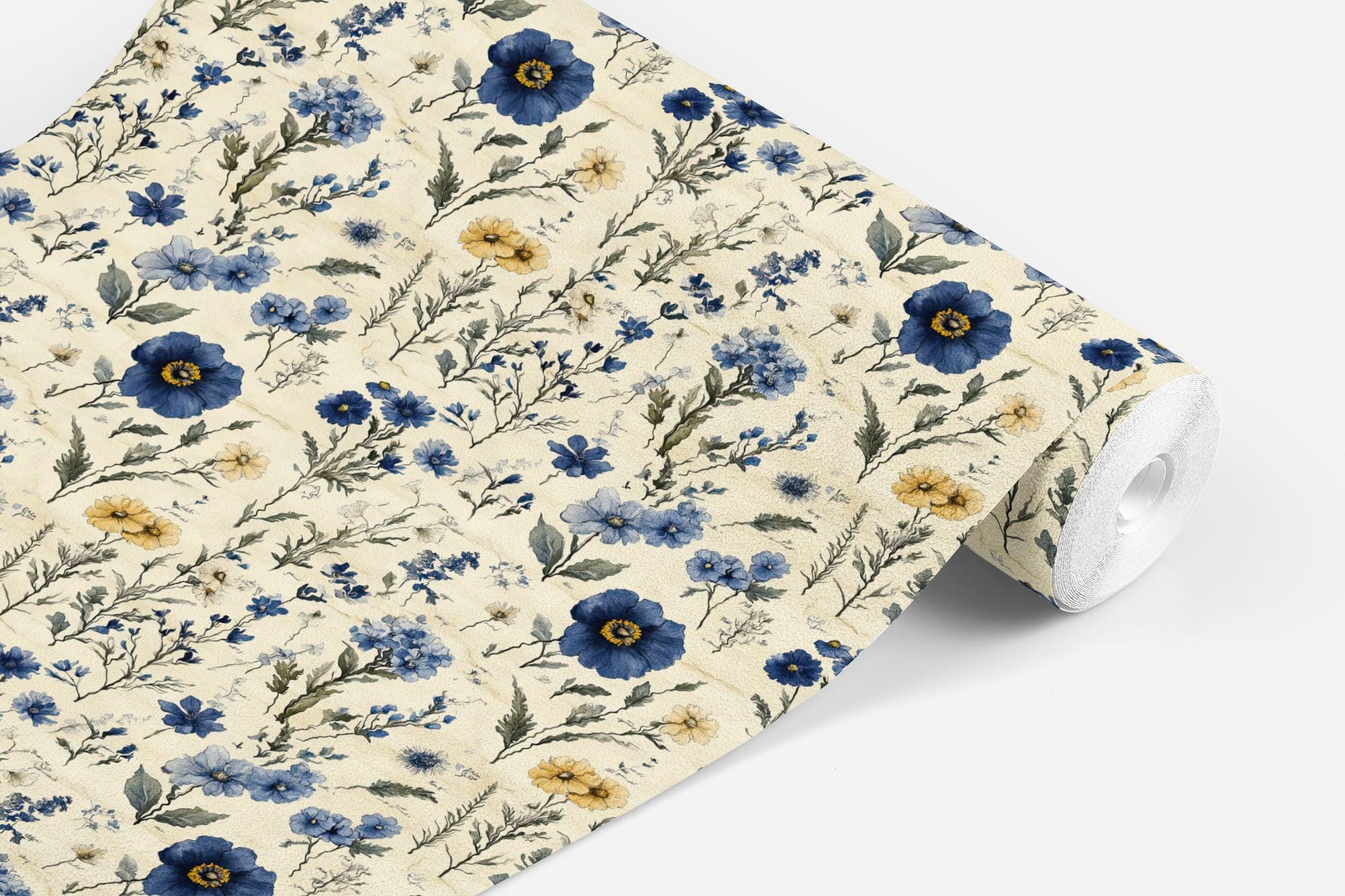 Bold Navy Blue and Yellow Floral Wallpaper, Vintage Botanical Design, Romantic Garden Floral Wallpaper, Peel and Stick or Traditional - Image 8