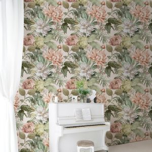Peony Botanical Wallpaper, Romantic Tree Vine Flowers, Muted Colors, Peel Stick Removable, Elegant French Vintage