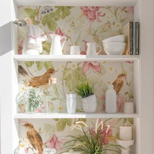 Pink and Green Floral Bird Wallpaper, Peel and Stick, Botanical Mural for Nursery Bedroom, Cottagecore Wall Decor Boho Girl Botanical Floral
