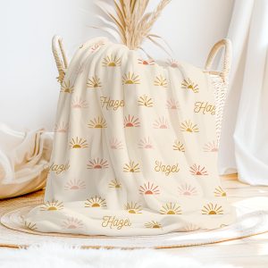 Personalized Retro Sun Blanket, Minky, Sherpa, Copper Pink Groovy Sun, Neutral Trendy Earthy Colors, Custom Name, Fluffy Sherpa Blanket