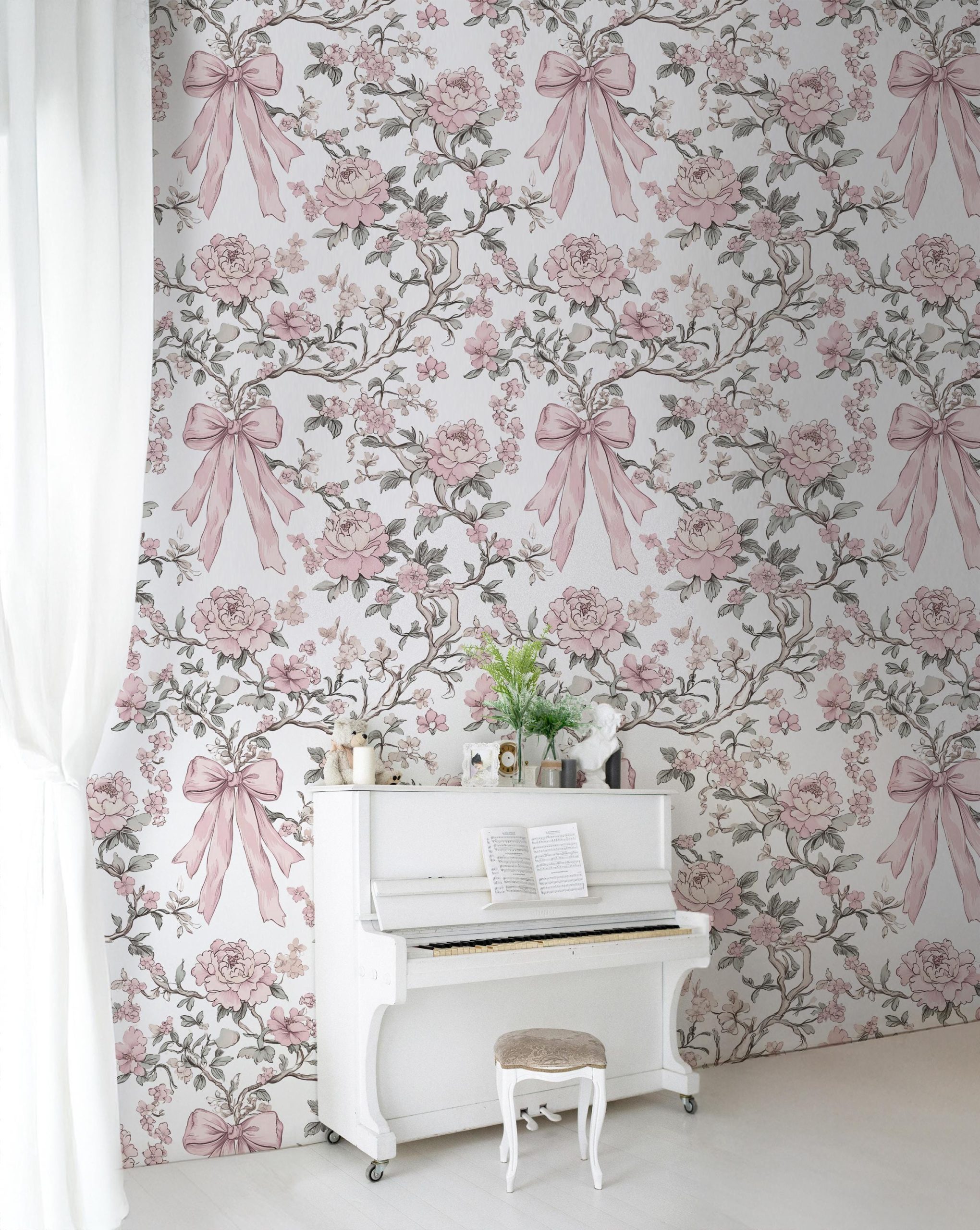 Baby Pink Bow Chinoiserie Wallpaper, Peel and Stick Removable, Coquette Grandmillennial Chic, Flower Baroque Vines, Elegant Pink Toile - Image 6
