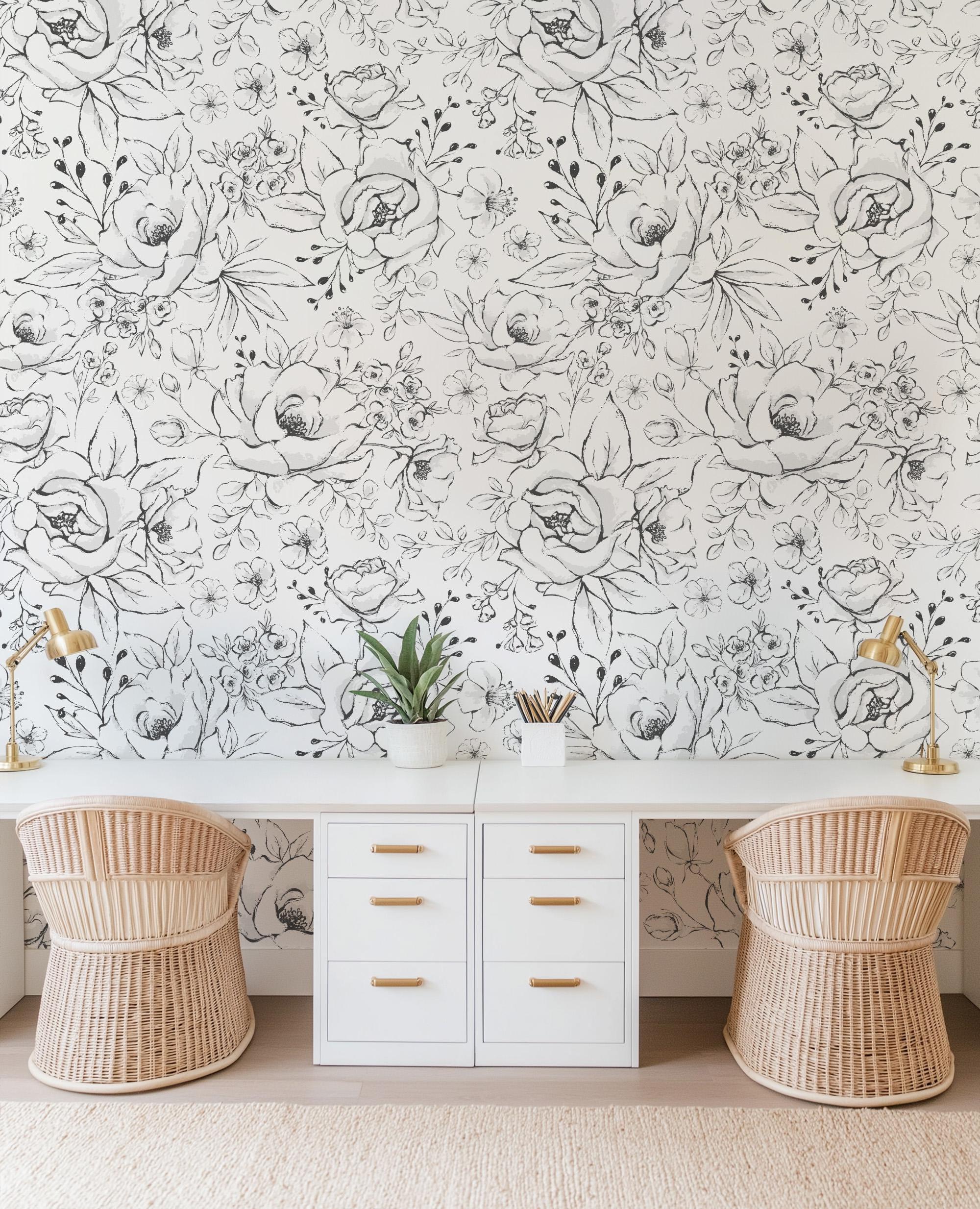 Black and White Line Doodle Sketch Art Floral Wallpaper Peel and Stick Removable Baby Girl Nursery Decor Temporary Do It Yourself Mural Wall - Image 5