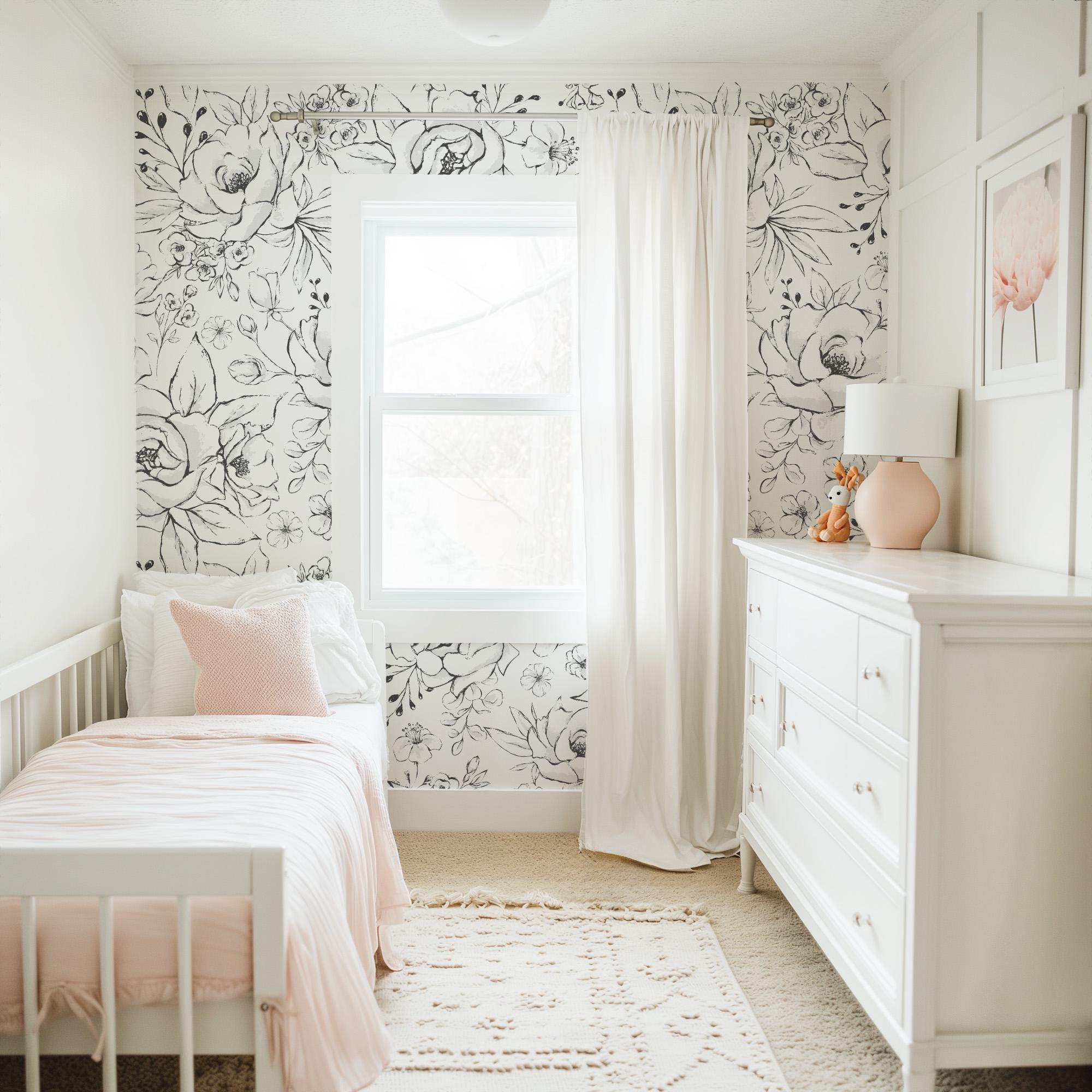 Black and White Line Doodle Sketch Art Floral Wallpaper Peel and Stick Removable Baby Girl Nursery Decor Temporary Do It Yourself Mural Wall - Image 7