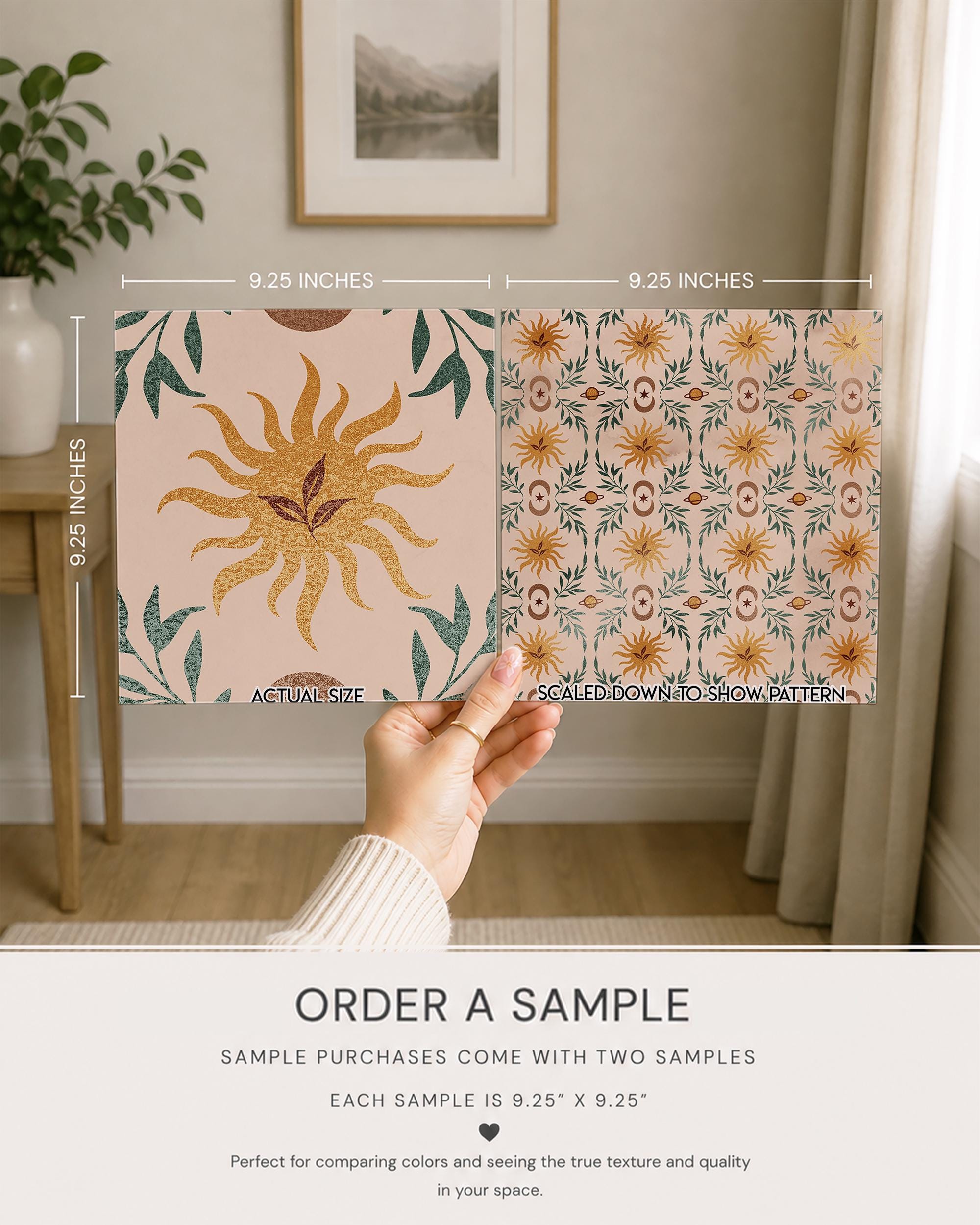 Celestial Sun Planets Moon Pattern Wallpaper, Peel Stick Removable, Spiritual Leafy Neutral Trendy Boho Sun Pattern - Image 5
