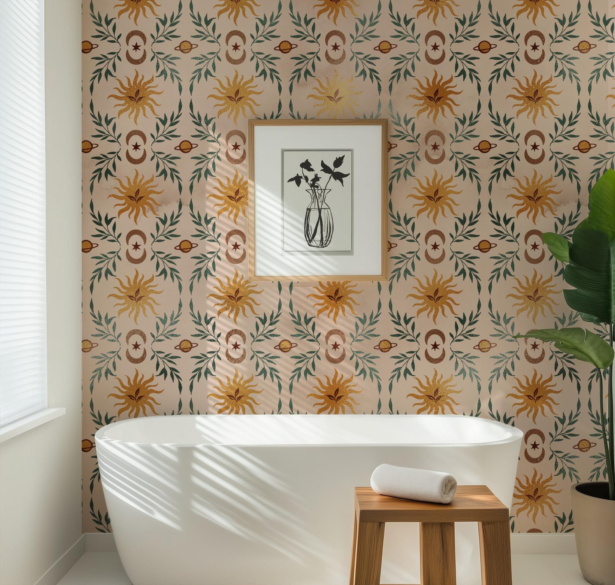 Celestial Sun Planets Moon Pattern Wallpaper, Peel Stick Removable, Spiritual Leafy Neutral Trendy Boho Sun Pattern - Image 8