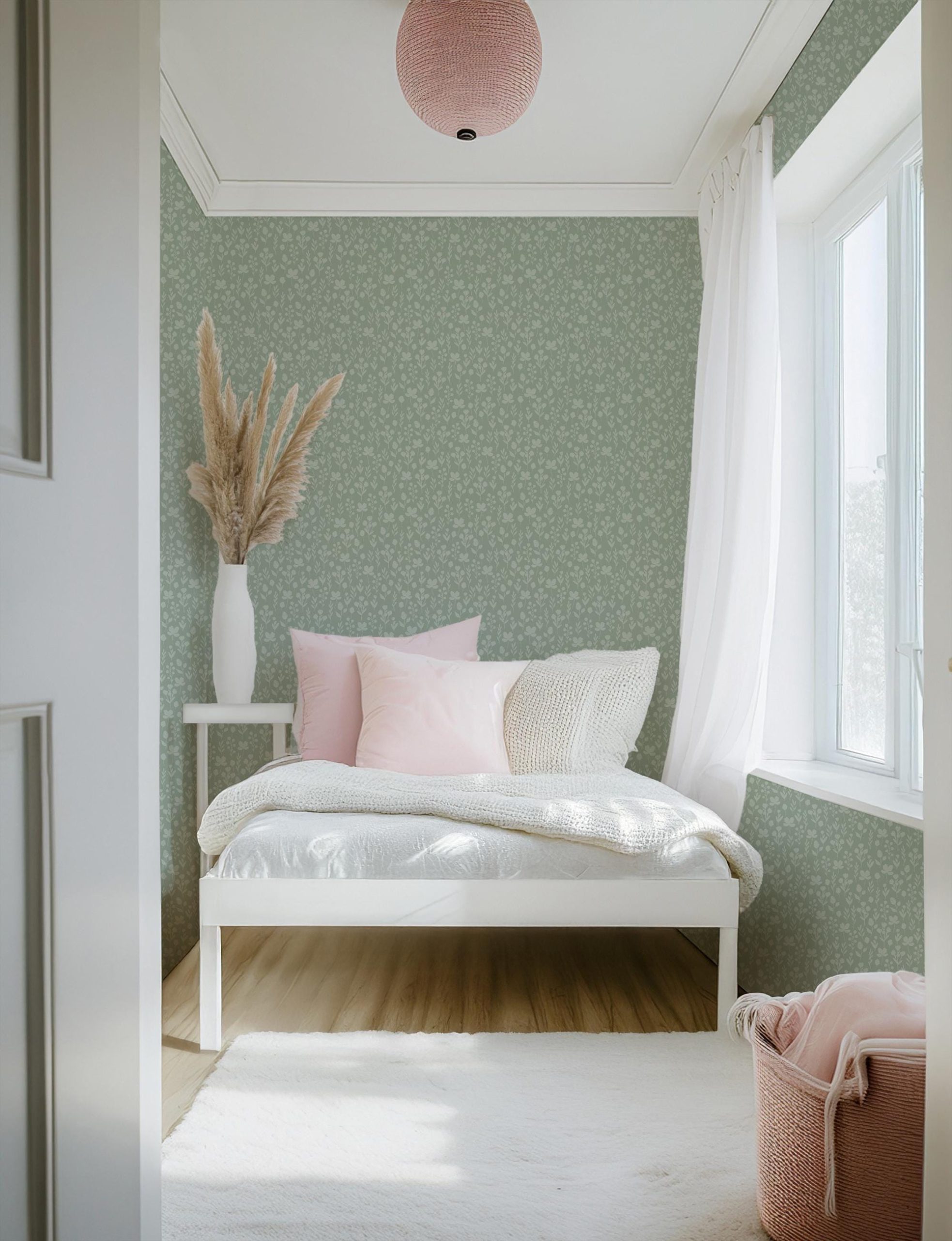 Sage Green on Green Floral Wallpaper, Delicate Flower Pattern, Pressed Floral Garden, Wildflower Coquette Grandmillennial Shabby Chic - Image 8