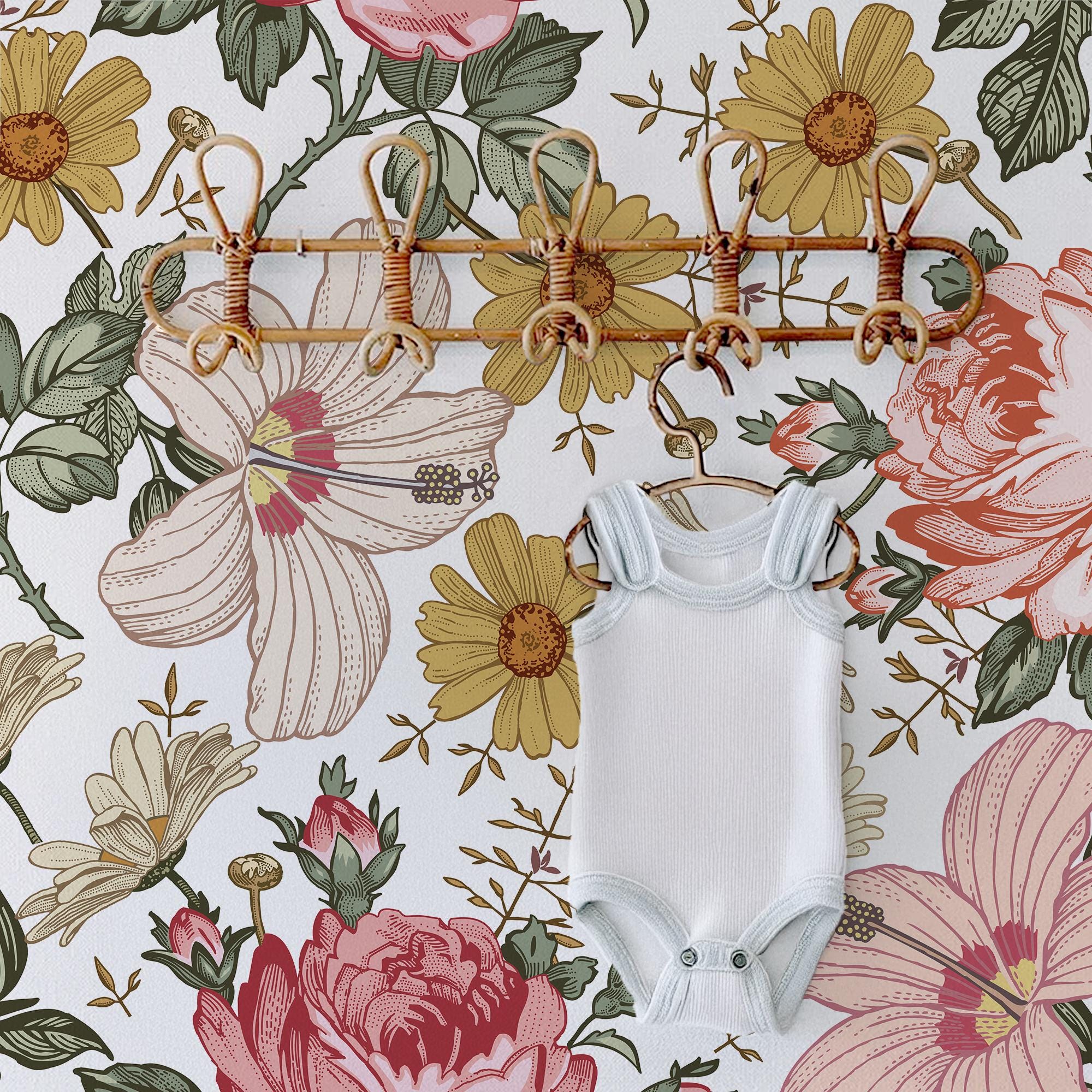 Vintage Flowers Wallpaper, Retro Style Roses Hibiscus, Peel and Stick Removable, Traditional or Pre-Pasted, Boho Floral, Birdie Collection - Image 7