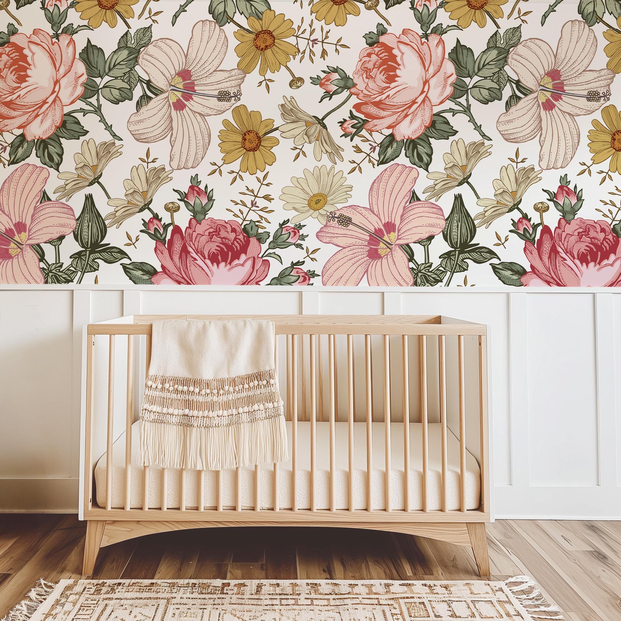 Vintage Flowers Wallpaper, Retro Style Roses Hibiscus, Peel and Stick Removable, Traditional or Pre-Pasted, Boho Floral, Birdie Collection - Image 8