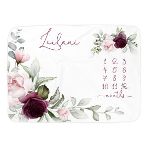 Pink Purple Rose Milestone Blanket/Monogram Custom Photo Baby Blanket/Growth Chart/Month Growth Tracker/Pink Floral Leaf Girly Flower Custom